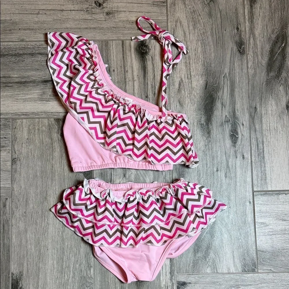 12/18 Months Pink Chevron Ruffle Bikini Set